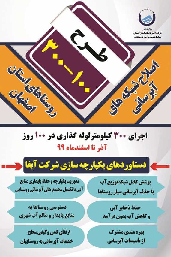 با هدف اصلاح شبکه های آب روستایی صورت می پذیرد؛ طرح عمرانی "100-300" در استان اصفهان اجرا می شود